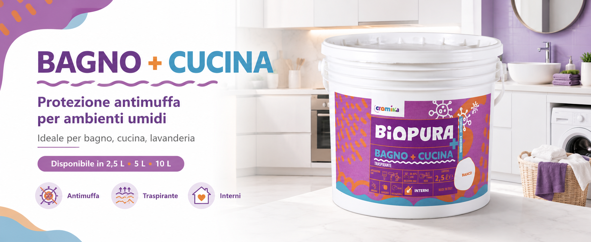 Biopura Bagno + Cucina Cromika, idropittura bianca antimuffa traspirante per bagno, cucina e lavanderia, ideale per proteggere pareti interne in ambienti umidi con finitura lavabile professionale.